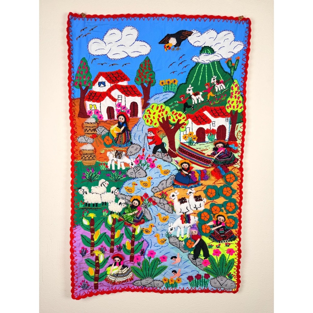 Handmade Indigenous Peru Wall Quilt Embroidered: Andean Village Whimsical Wall